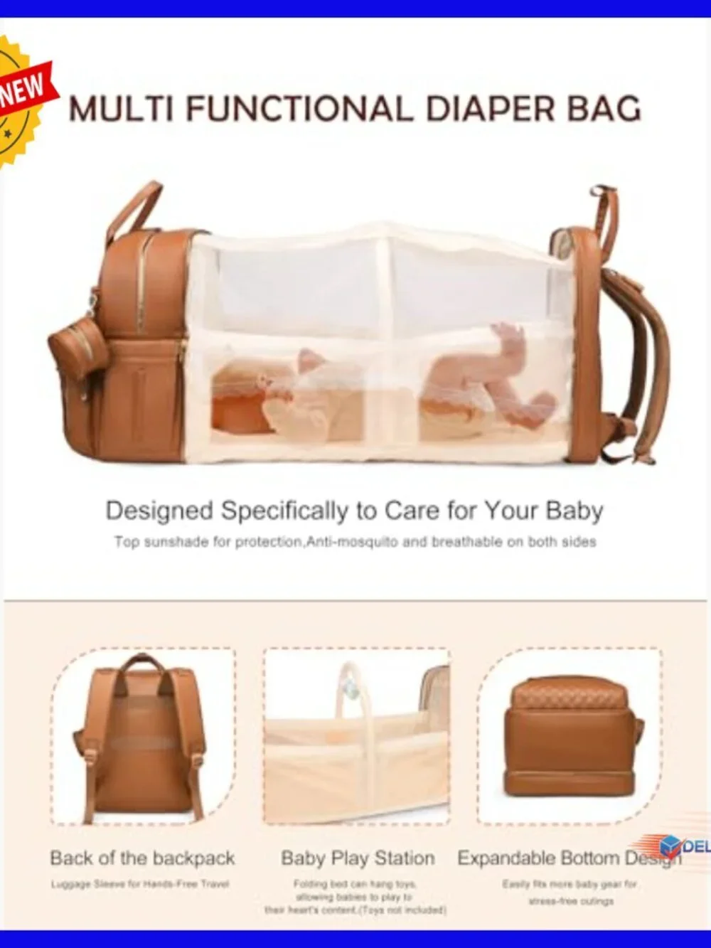 Large Diaper Backpack with Changing Station, Water-Resistant Vegan Leather,